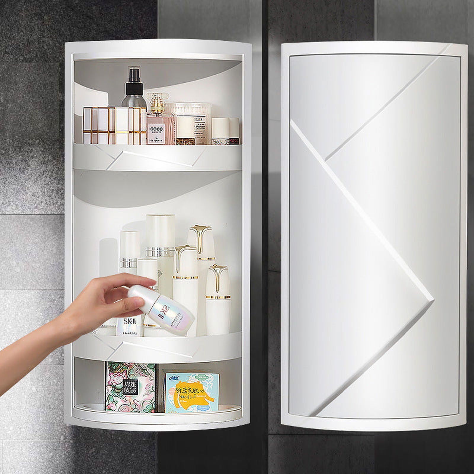 Rotatable Bathroom Makeup Organizer Corner Plastic Wall Mounted Storage Rack Box - The Luxe Glow 
