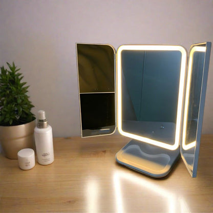 Trifold Makeup Mirror With Light 68 LED Vanity Mirrors 10X Magnifying 180Rotation - The Luxe Glow 