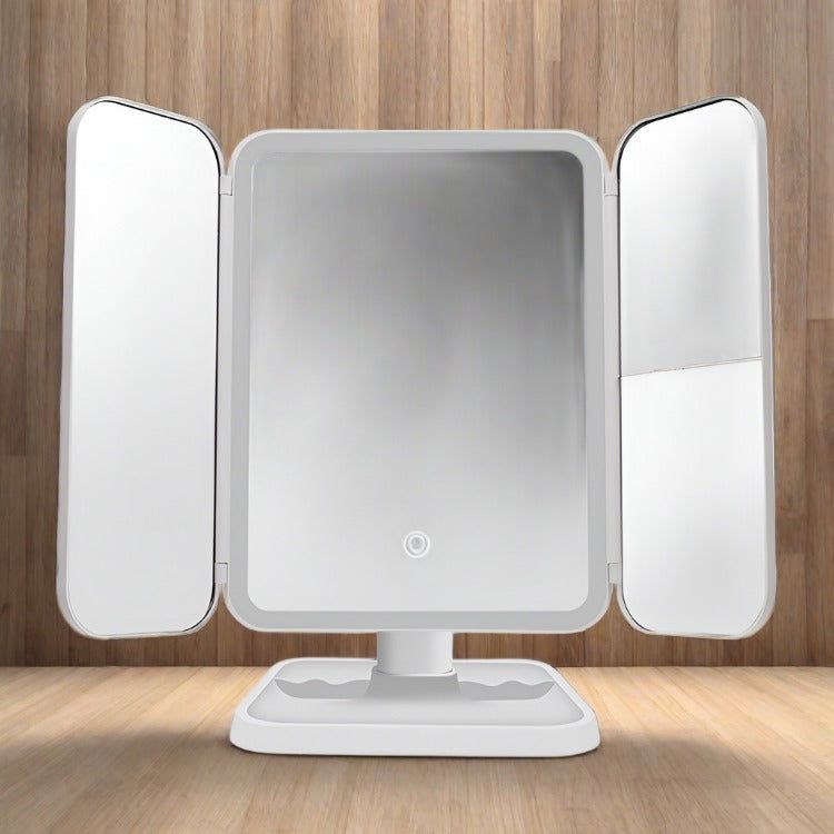 Trifold Makeup Mirror With Light 68 LED Vanity Mirrors 10X Magnifying 180Rotation - The Luxe Glow 
