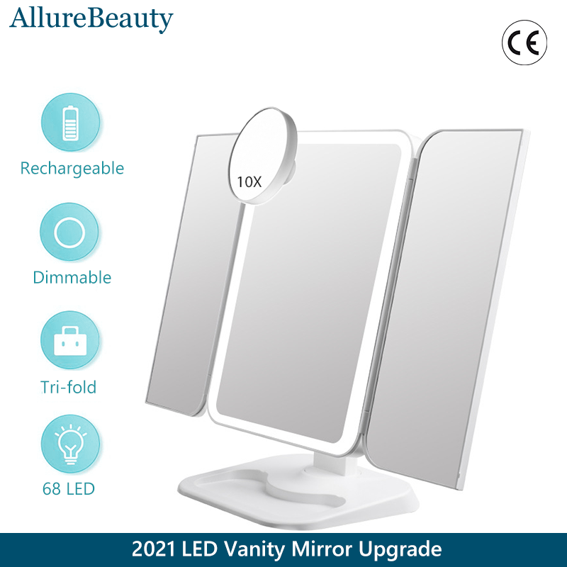 Trifold Makeup Mirror With Light 68 LED Vanity Mirrors 10X Magnifying 180Rotation - The Luxe Glow 
