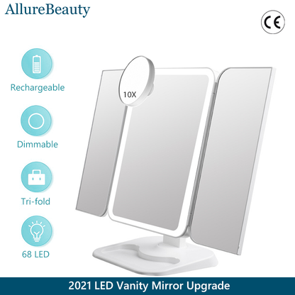 Trifold Makeup Mirror With Light 68 LED Vanity Mirrors 10X Magnifying 180Rotation - The Luxe Glow 