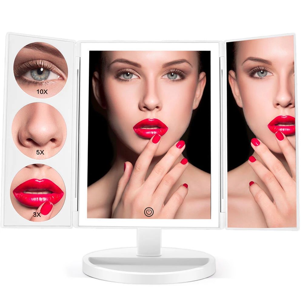 Trifold Makeup Mirror With Light 68 LED Vanity Mirrors 10X Magnifying 180Rotation - The Luxe Glow 