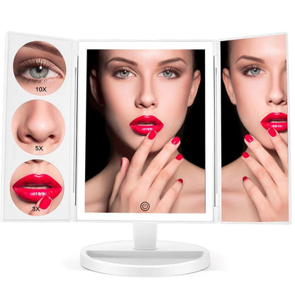 Trifold Makeup Mirror With Light 68 LED Vanity Mirrors 10X Magnifying 180Rotation - The Luxe Glow 