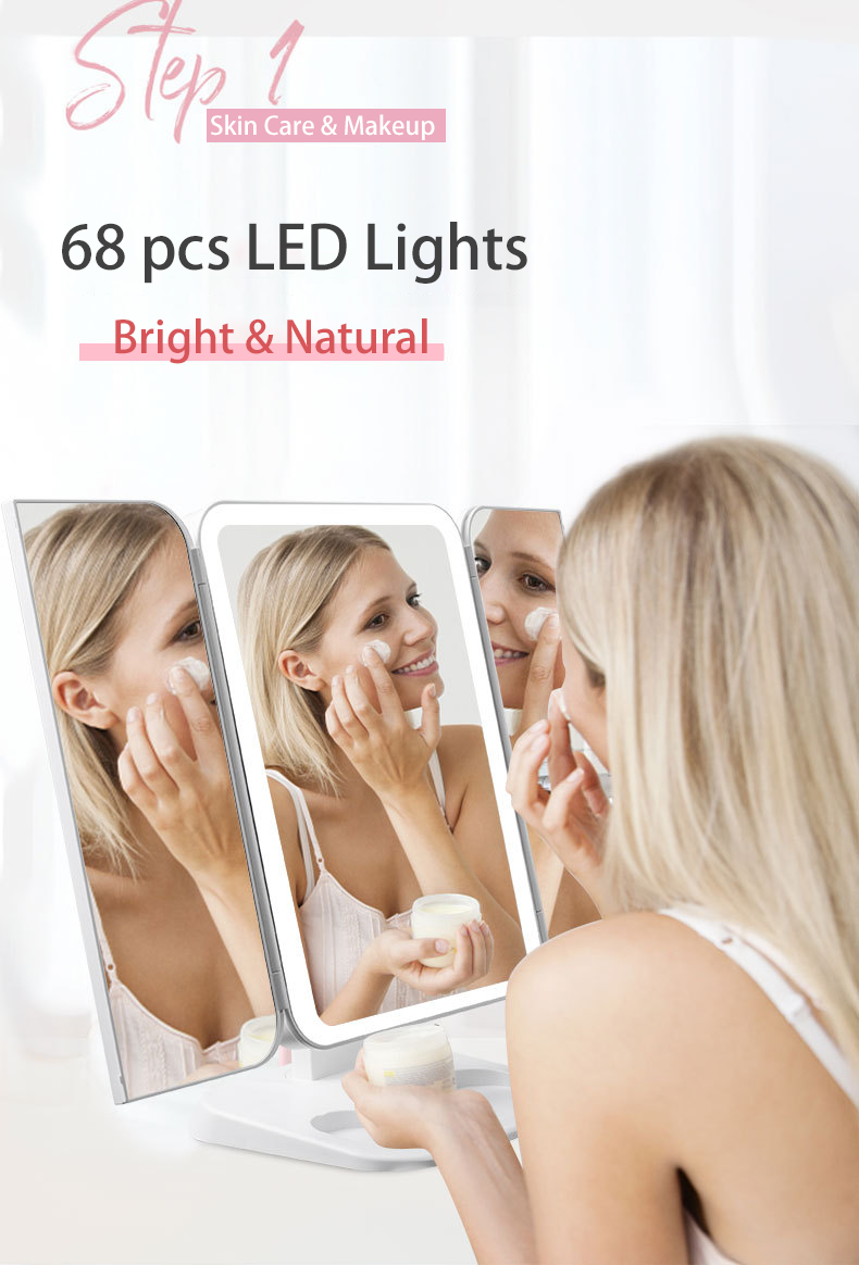 Trifold Makeup Mirror With Light 68 LED Vanity Mirrors 10X Magnifying 180Rotation - The Luxe Glow 